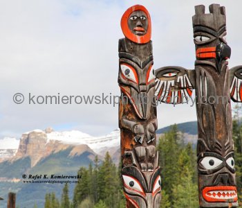 Native Totem Poles along  Icefields Parkway near Sunwapta Falls,  Jasper National Park, Alberta, Canada