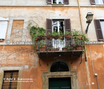 View of balcony from the quiet street near Piazza Farnese, the other side of Rome