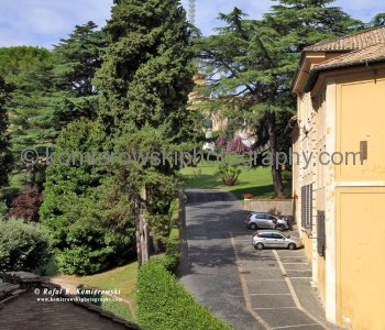 Vatican Gardens viewed from the window of  the Gallery of Maps or the Map Room. Stato della Città del Vaticano