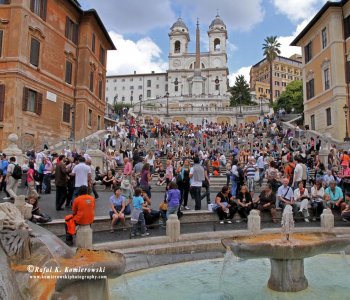 Sunday afternoon, crowded Piazza di Spagna  and above dominant structure of famousTrinita dei Monti,  Rome.  Santissima Trinità dei Monti is a church dedicated to the Holy Trinity