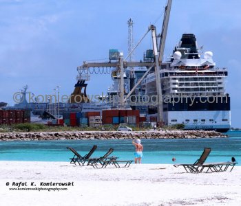 Cruise ships in Oranjestad, Aruba..viewed from Divi Beach north of harbor...