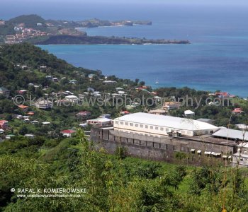 View of Grenada County Jail  from the top of the hill above St. George Harbor, Grenada