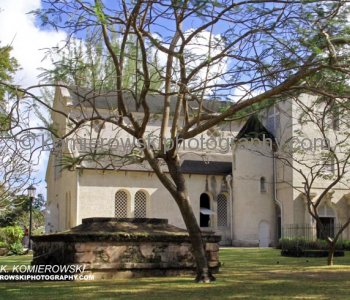 The first Anglican Church, St. James Parish Church in Holetown, built 1628, rebuilt many times, today only an iron bell and the baptismal font still remain
