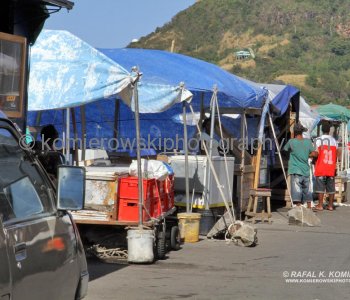 Street market is full of people from all over the island who bring their vegetables, fruits, spices and meats to sell...