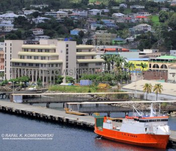 ...View of Kingstown, St. Vincent from the upper deck of Grand Princess cruise ship....