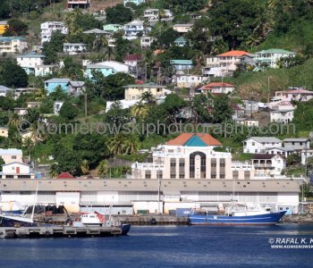 ...View of Kingstown, St. Vincent from the upper deck of Grand Princess cruise ship at departure time...