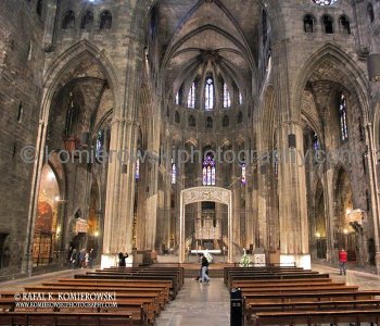 Interior of the Cathedral of Saint Mary of Girona....single nave is surmounted by cross vaults, supported by Gothic buttresses