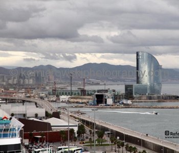 View of Harbour in Barcelona from Carnival Magic, deck 12th.  DAY 1,  October 28, 2011 departure from Barcelona at 17:30 , rainy overcast, +22C,  41^ 21’ 16.17”North,  2^ 10’ 33.13” East