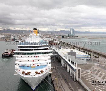 View of Harbour in Barcelona from Carnival Magic, deck 12th.  DAY 1,  October 28, 2011 departure from Barcelona at 17:30 , rainy overcast, +22C,  41^ 21’ 16.17”North,  2^ 10’ 33.13” East