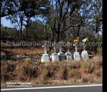 Roadside memorial dedicated to traffic accident, view from highway (east of) Talpa de Allende, Jalisco