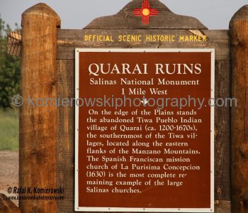 Official Scenic Historic Marker on the Highway 55 New Mexico with regards to  the 17th century pueblos in the Salinas area including the three surviving ruins in the National Monument: Quarai, Abo, and Gran Quivira