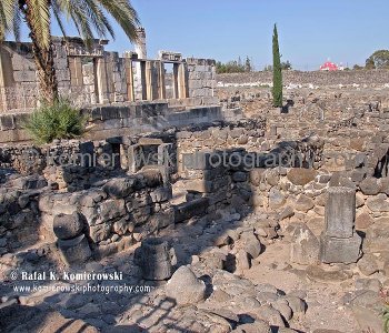 The Ancient Synagogue of Capernaum and village ruins. The houses were humble and built of the local black basalt stone- ruins of ancient Capernaum village.