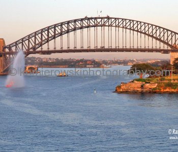 Sydney Harbour Bridge, to the right Kirribilli House,  the official Sydney residence of the Australian Prime Minister
