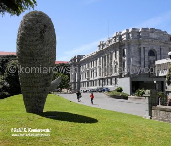 Unusual abstract sculpture behind the Beehive Parliamentary Buildings, Wellington, New Zealand