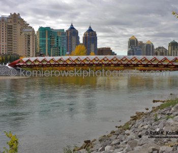 Peace Bridge and Bow River seen from Bow River Pathway (Memorial Drive NW), Calgary, Alberta