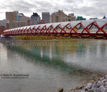 Peace Bridge and Bow River seen from Bow River Pathway (Memorial Drive NW), Calgary, Alberta