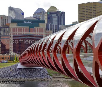 Peace Bridge, seen from Bow River Pathway (Memorial Drive NW), Calgary, Alberta