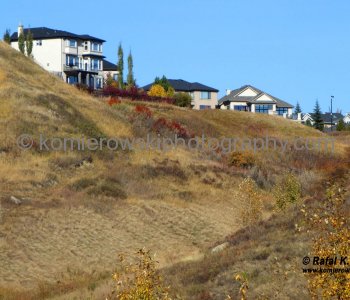 View of Cranston above Bow River, south of Sikome Lake and Bow Bottom Trail SE, (after June flooding, October 2013), Calgary, Alberta