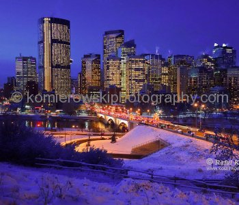 View of Calgary s skyline (before sunrise) from Rotary Park above Memorial Drive NE, Center Street and Bow River.