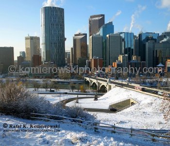 View of Calgary s skyline (after sunrise)  from Rotary Park above Memorial Drive NE, Center Street and Bow River.