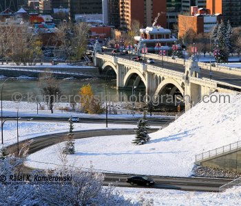 View of Center Street Bridge (after sunrise)  from Rotary Park above Memorial Drive NE, Center Street and Bow River.
