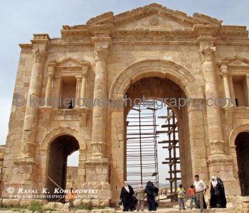 The Arch of Hadrian was built to honor the visit of emperor Hadrian to Jerash in 129/130 A.D. Jerash is known for the ruins of the Greco-Roman city of Gerasa, also referred to as Antioch on the Golden River.